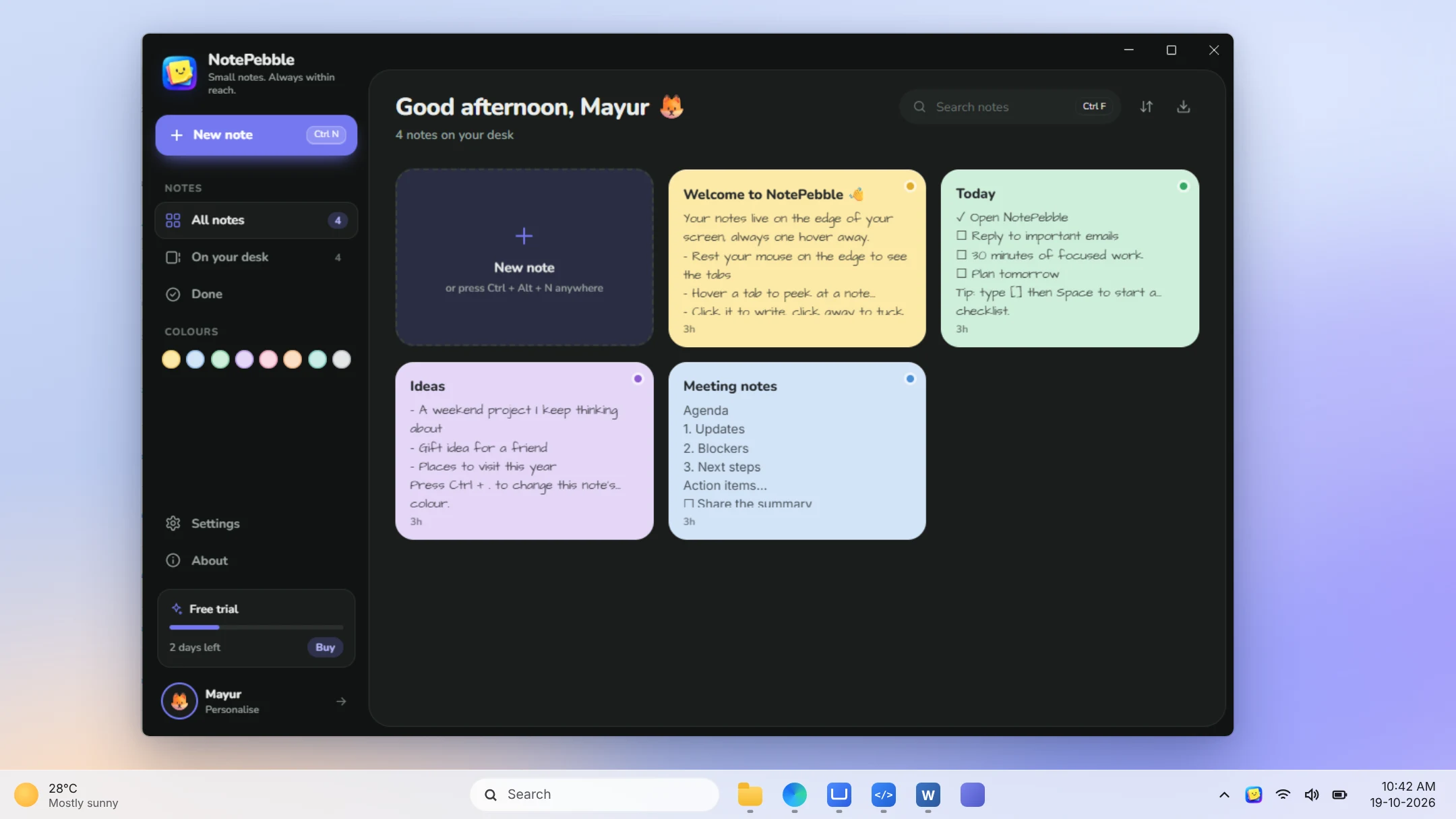 NotePebble in the dark theme